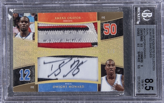 2005-06 UD "Exquisite Collection" Scripted Swatches Dual #OH Emeka Okafor/Dwight Howard Dual Signed Game Used Patch Card (#1/5) – BGS NM-MT+ 8.5/BGS 5